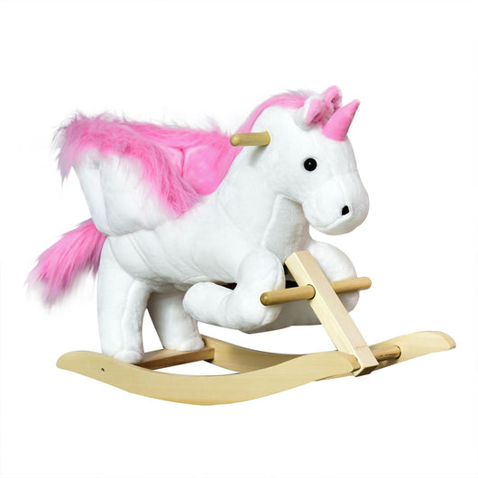 Cavallo a Dondolo Unicorno per Bambini in Legno e Peluche Unicorno Bianco