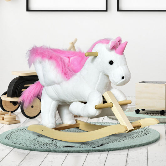 Cavallo a Dondolo Unicorno per Bambini in Legno e Peluche Unicorno Bianco