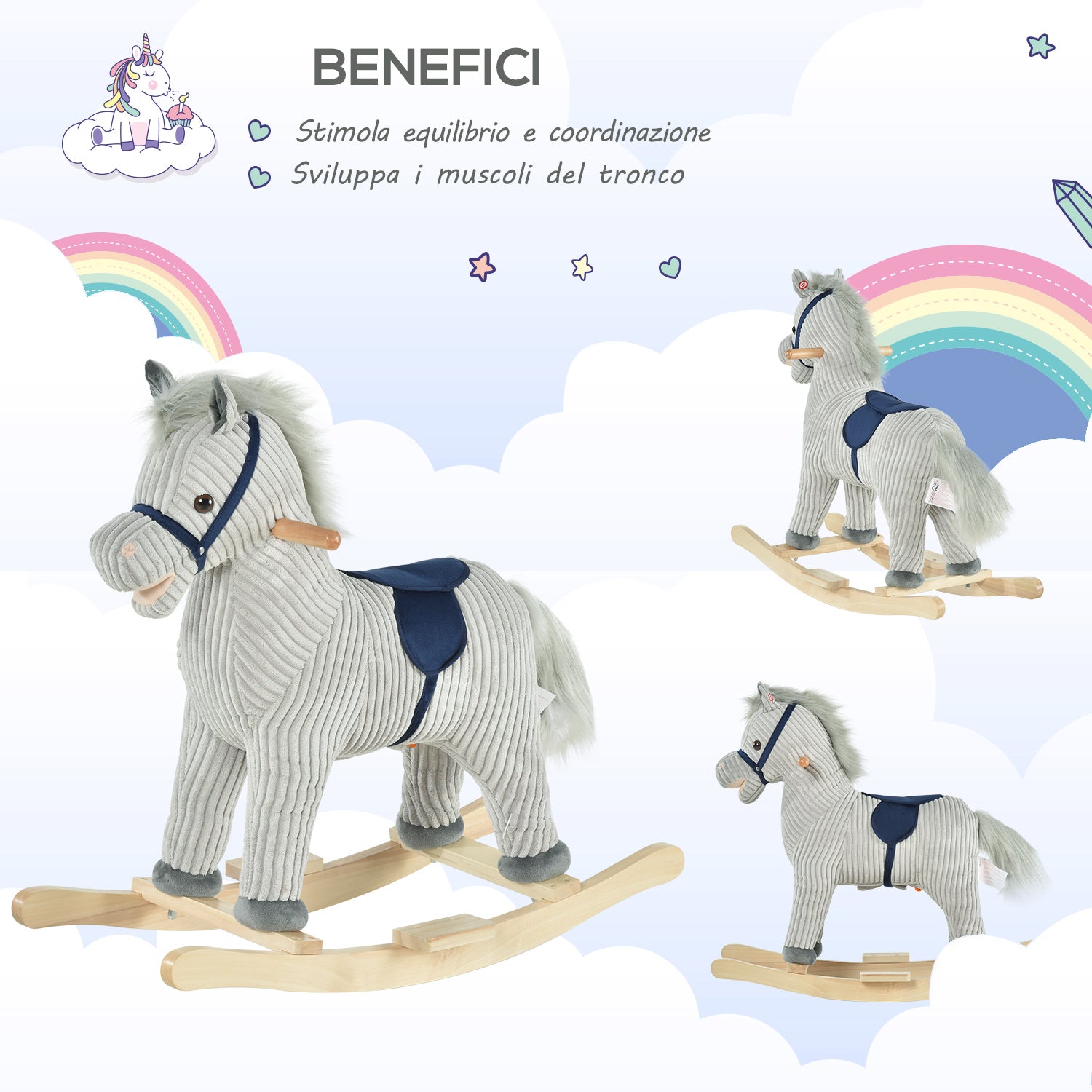 Cavallo a Dondolo per Bambini in Legno e Peluche Grigio