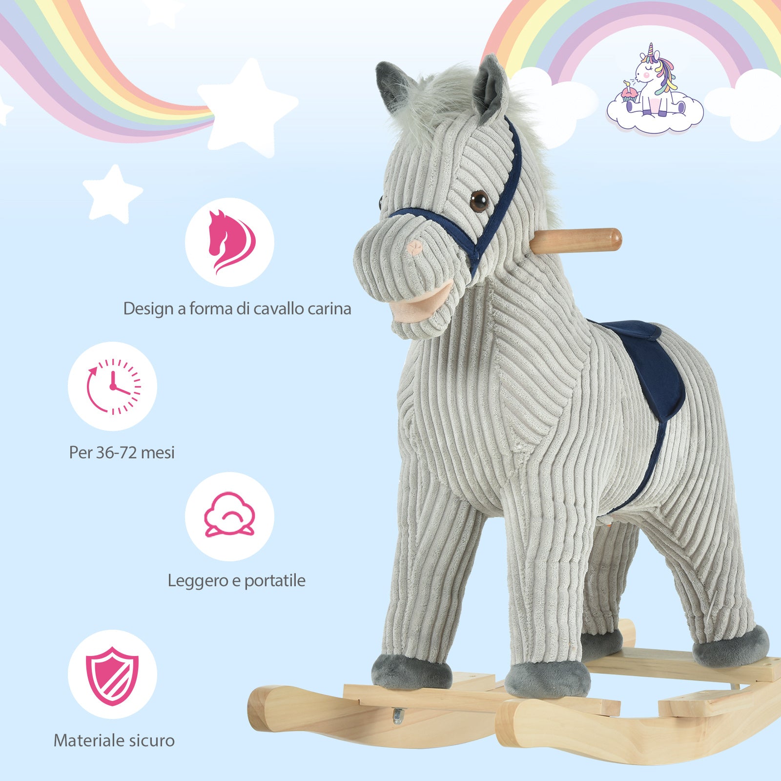 Cavallo a Dondolo per Bambini in Legno e Peluche Grigio