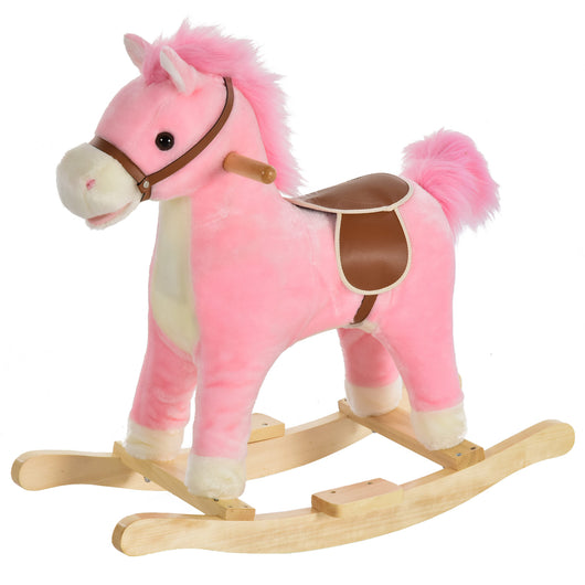 Cavallo a Dondolo per Bambini in Legno e Peluche Rosa