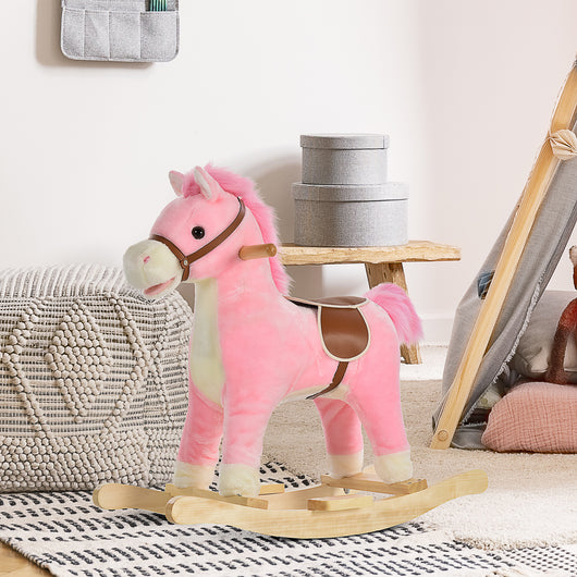 Cavallo a Dondolo per Bambini in Legno e Peluche Rosa