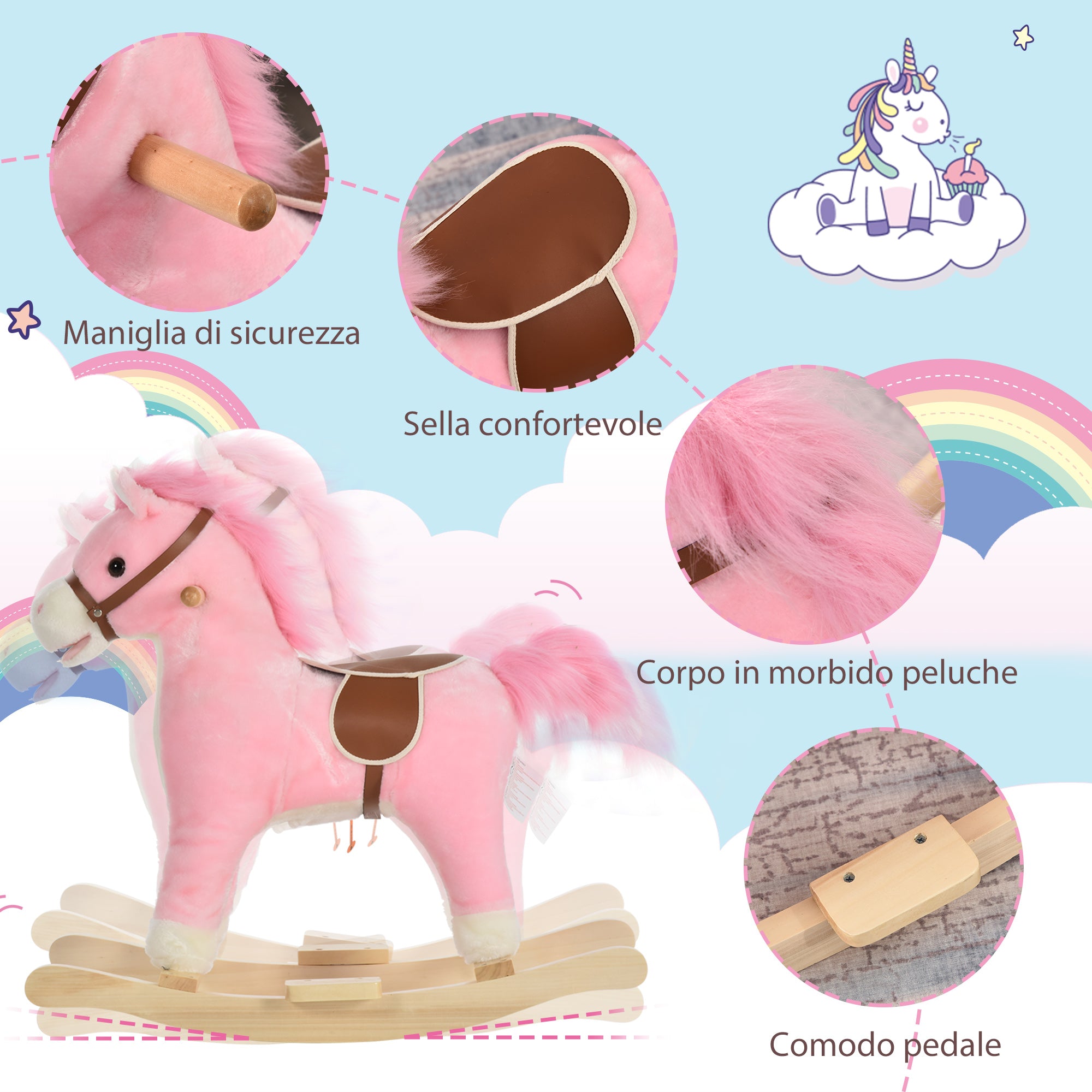 Cavallo a Dondolo per Bambini in Legno e Peluche Rosa