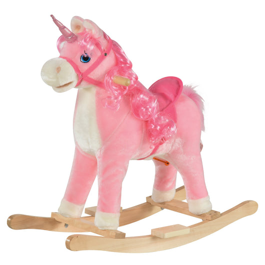 Cavallo a Dondolo Unicorno per Bambini in Legno e Peluche Unicorno Rosa