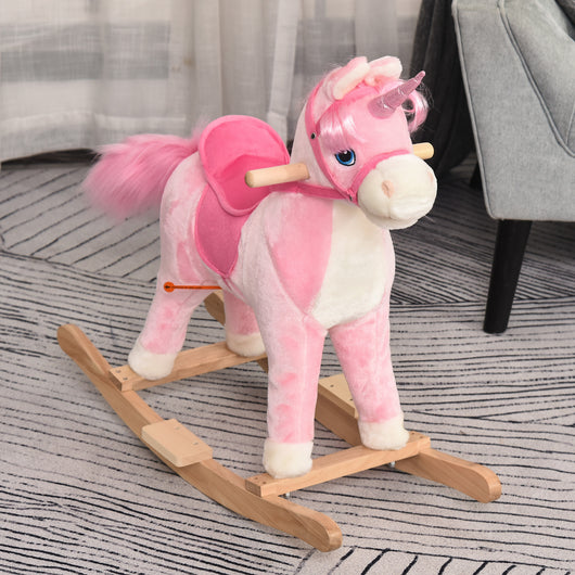 Cavallo a Dondolo Unicorno per Bambini in Legno e Peluche Unicorno Rosa