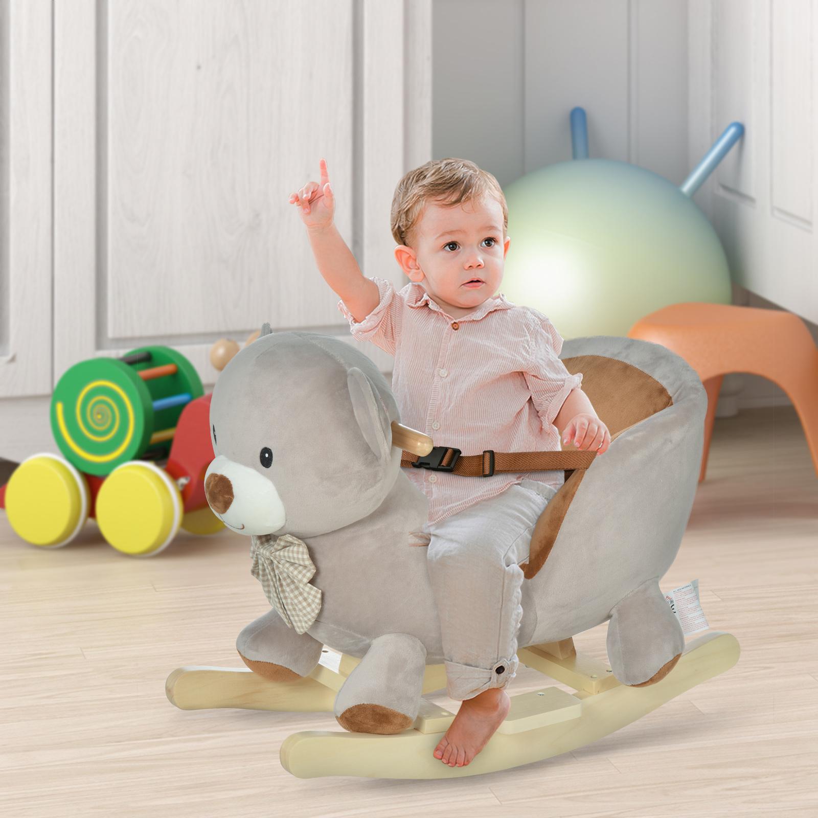 Cavallo a Dondolo per Bambini in Legno e Peluche Orso Grigio