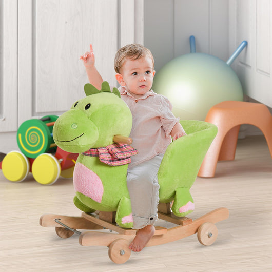 Cavallo a Dondolo per Bambini in Legno e Peluche Drago Verde