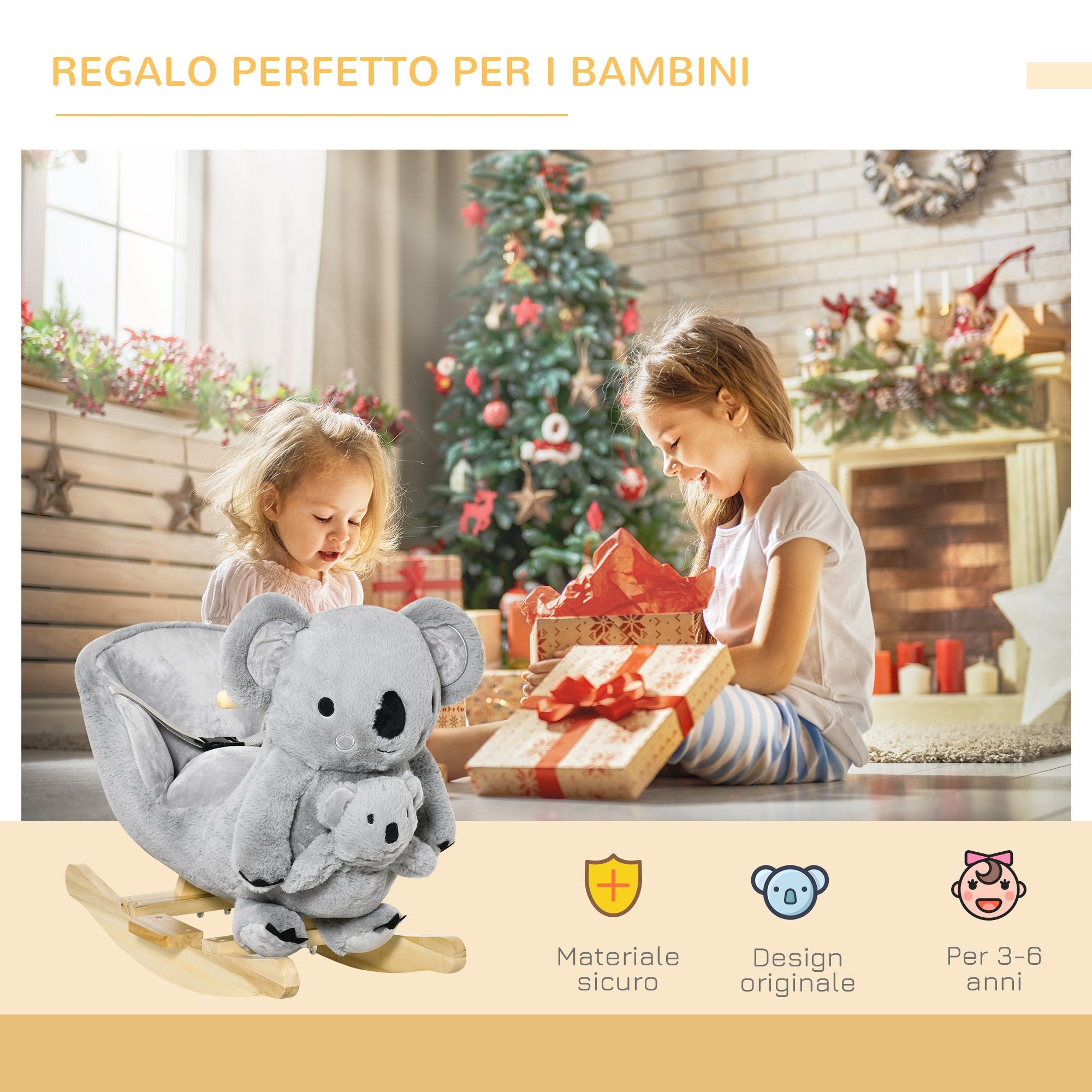 Cavallo a Dondolo per Bambini in Legno e Peluche Koala Grigio