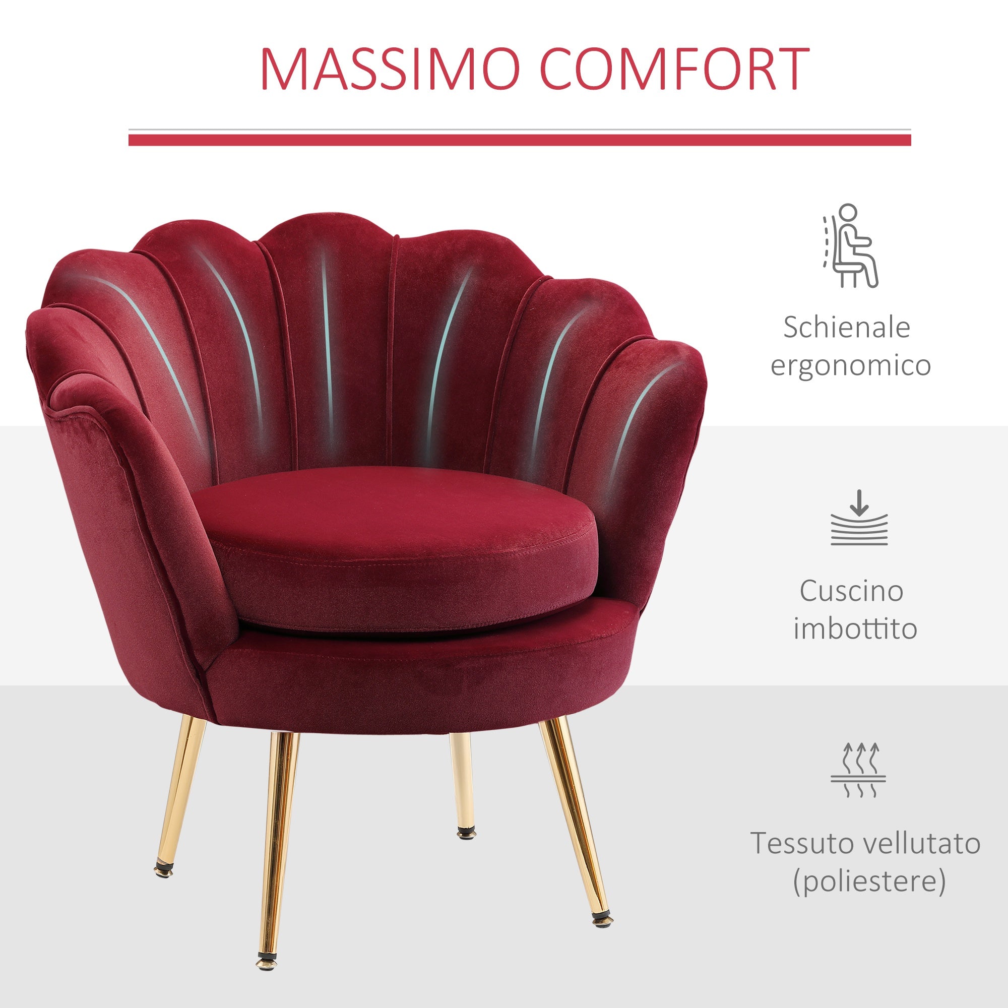 Poltrona Imbottita 76x67x74 cm in Tessuto Vellutato Rosso