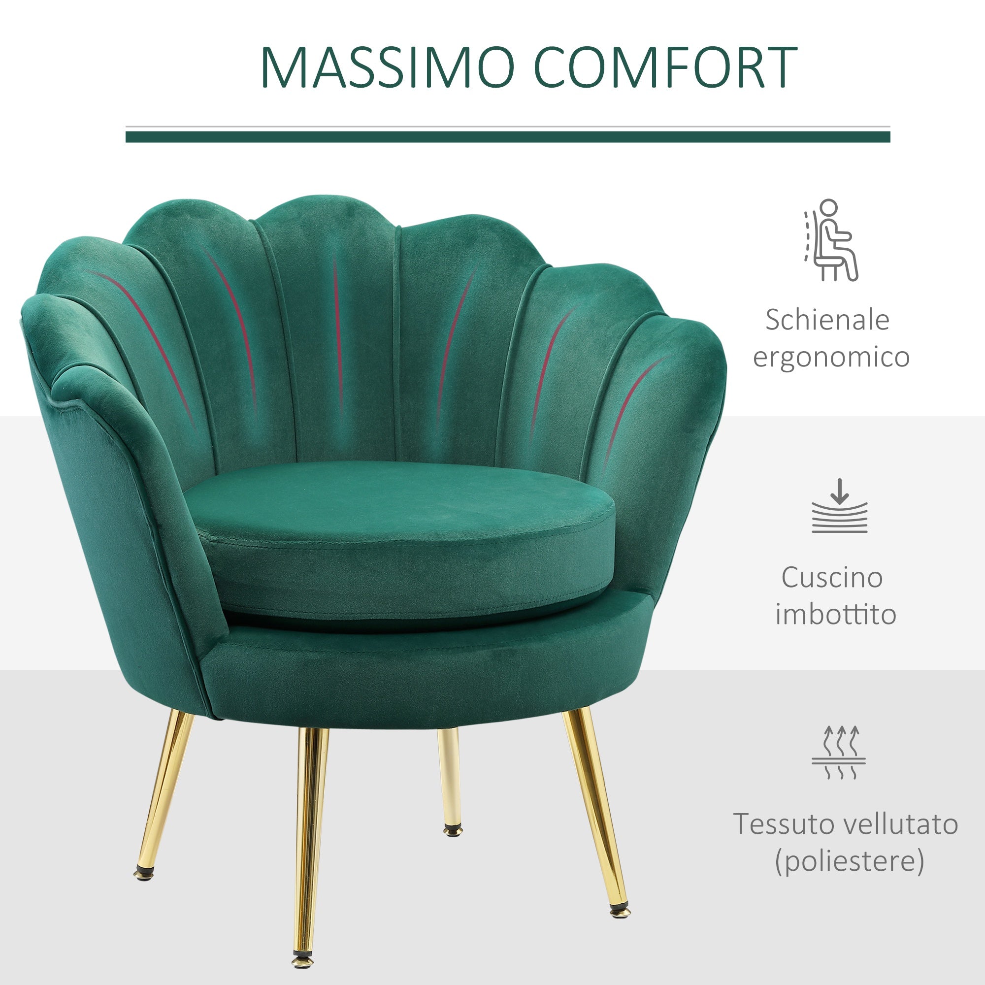 Poltrona Imbottita 76x67x74 cm in Tessuto Vellutato Verde