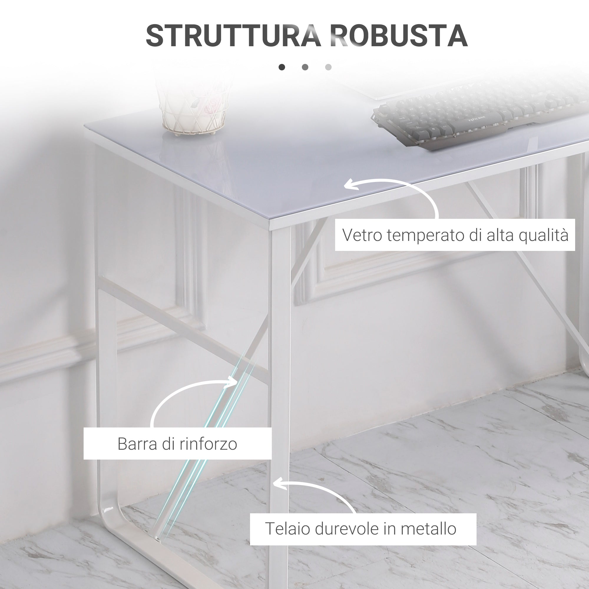 Scrivania Porta PC 120x60x74,5 cm in Metallo e Vetro Temperato Bianco