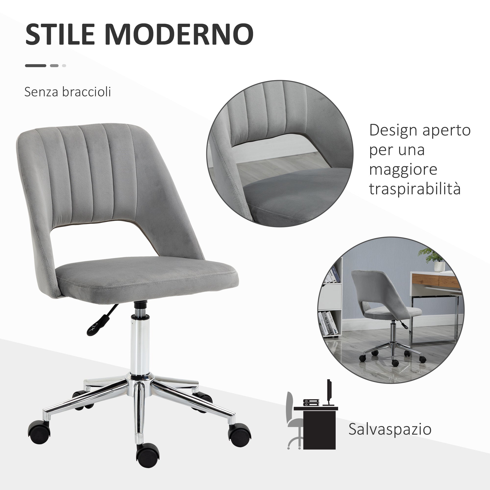 Sedia Operativa da Ufficio 49x54x79-91 cm in Tessuto Vellutato Grigio