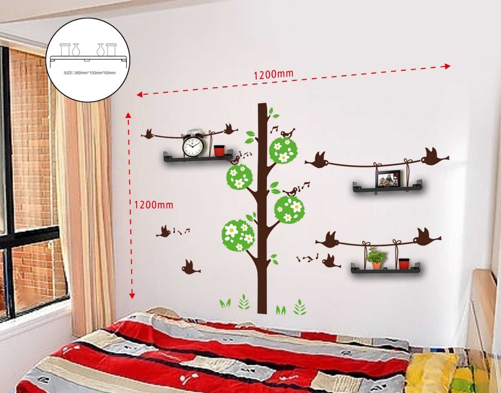 Sticker da Muro Birds And Tree con Mensole 120x120 cm Plastica