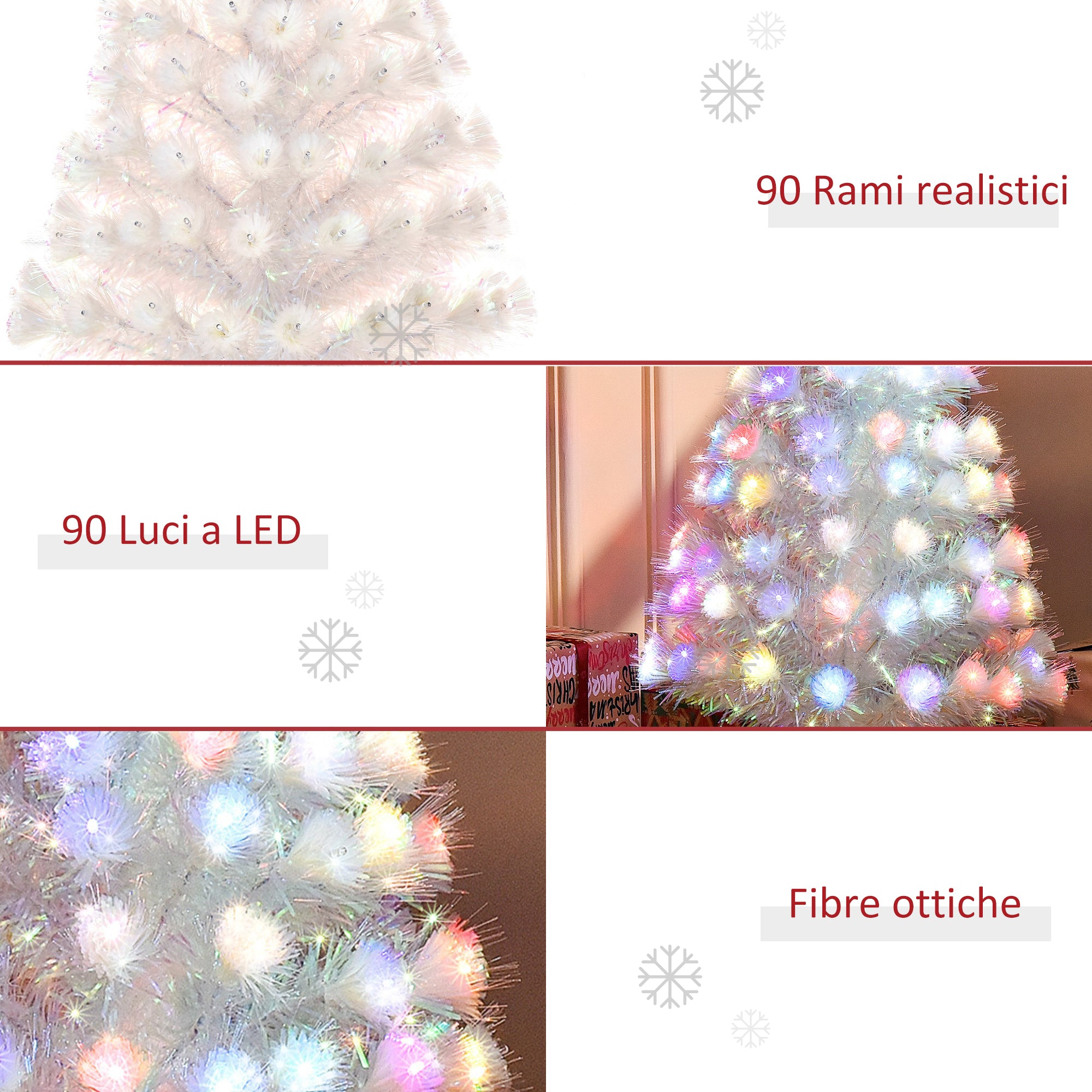 Albero di Natale Artificiale 90 cm 90 Rami con Luci LED e Fibre Ottiche Colorate Bianco