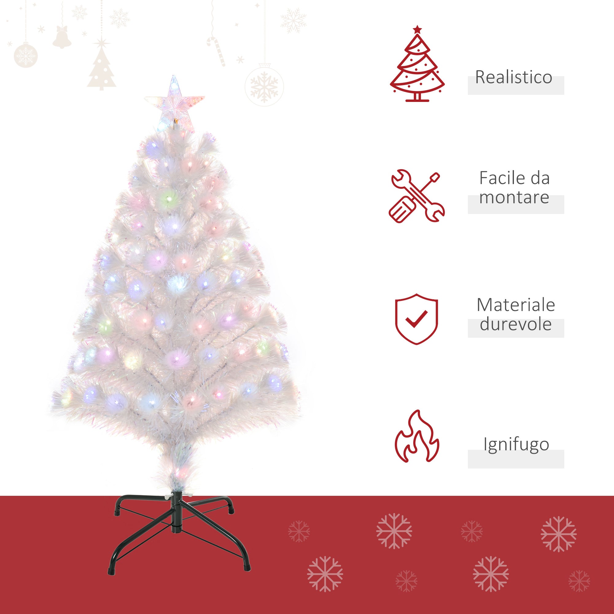 Albero di Natale Artificiale 90 cm 90 Rami con Luci LED e Fibre Ottiche Colorate Bianco