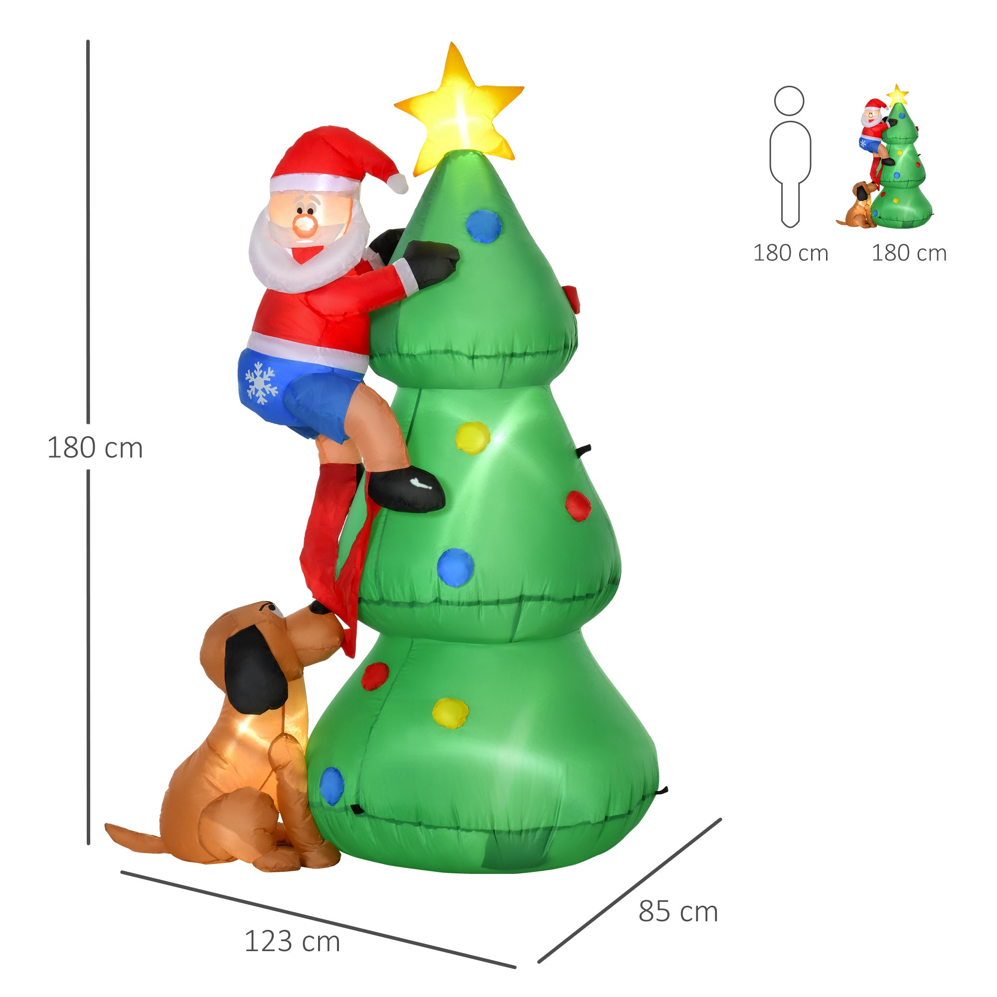 Albero di Natale Gonfiabile 180 cm con Babbo Natale Cagnolino e Luci LED