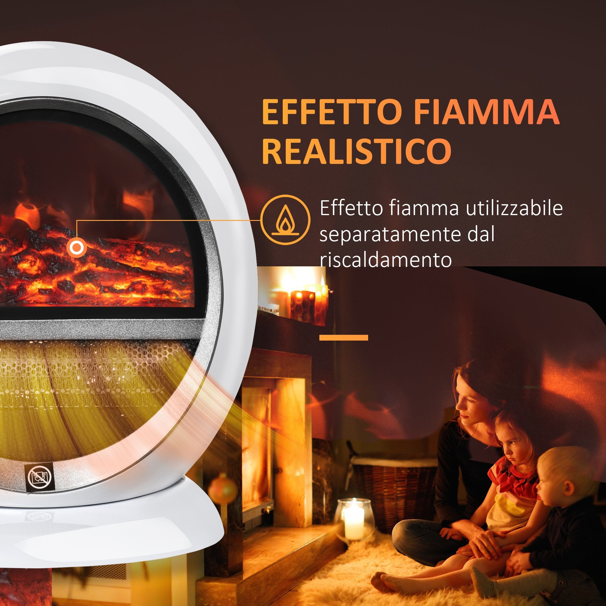 Camino Elettrico Portatile 30,5x18x35 cm Effetto Fiamma 1500W Bianco