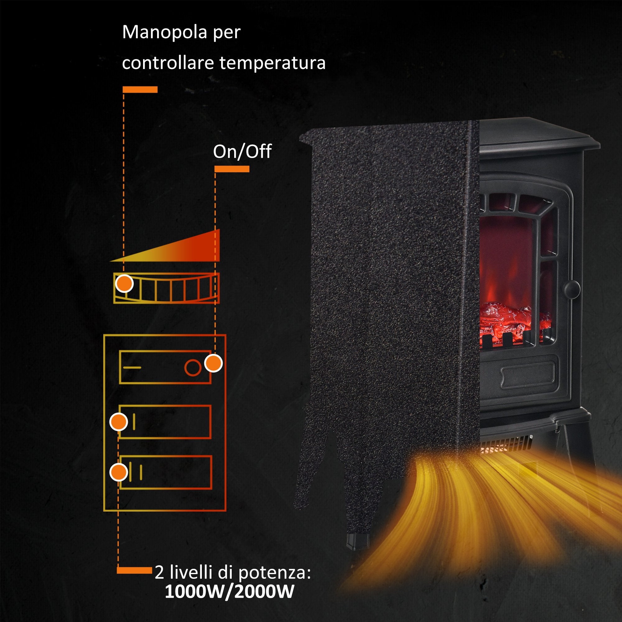 Camino Elettrico da Pavimento 39x24x56,5 cm Effetto Fiamma 2000W Nero