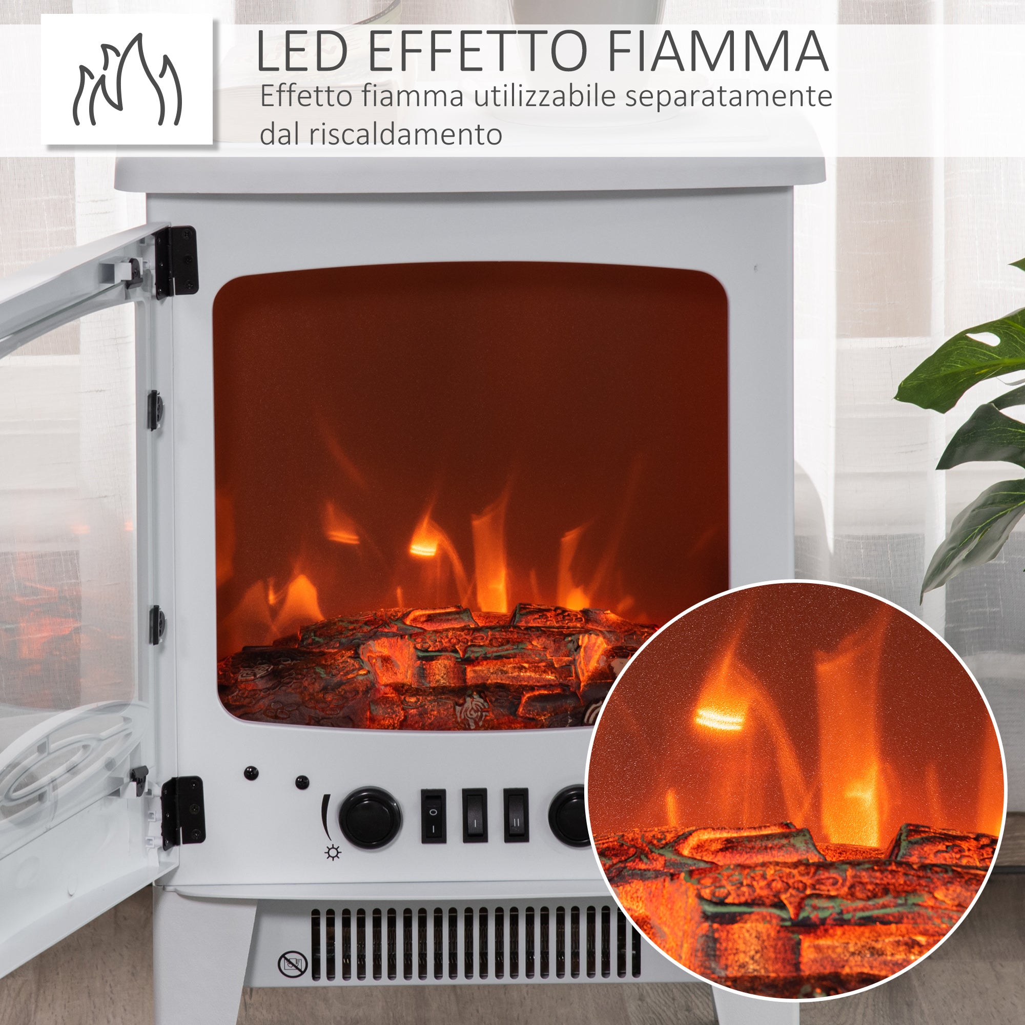 Camino Elettrico da Pavimento 39x26x54,8 cm Effetto Fiamma 1800W Bianco