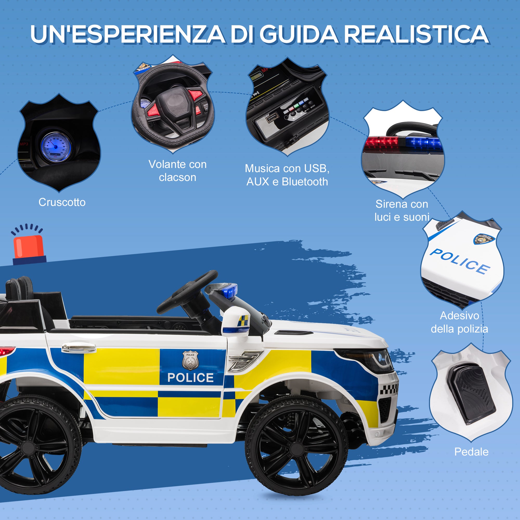 Macchina Elettrica daPolizia per Bambini 12V Police Bianca