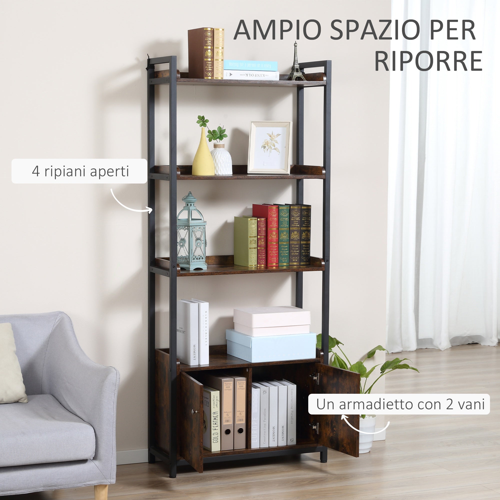 Libreria 4 Ripiani 2 Ante 75x30x180 cm in Legno Truciolare e Metallo Marrone