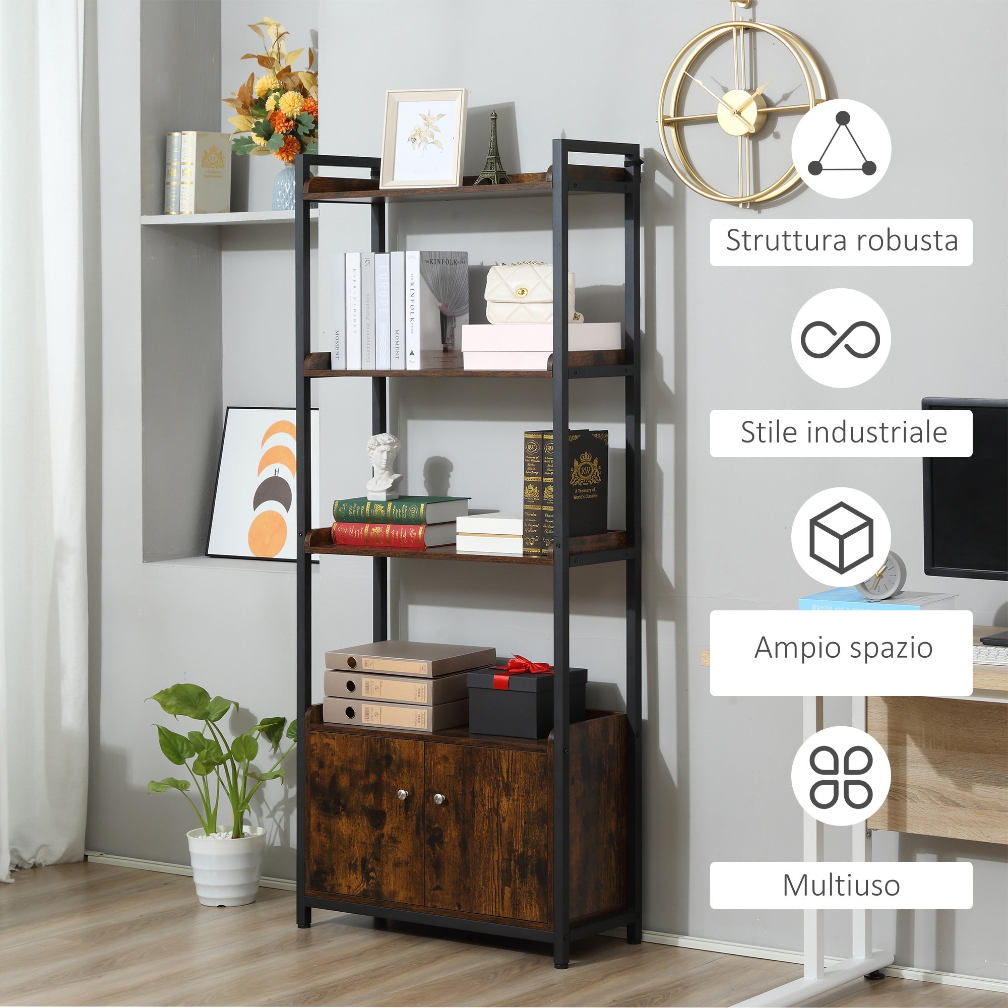 Libreria 4 Ripiani 2 Ante 75x30x180 cm in Legno Truciolare e Metallo Marrone