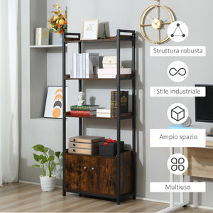 Libreria 4 Ripiani 2 Ante 75x30x180 cm in Legno Truciolare e Metallo Marrone