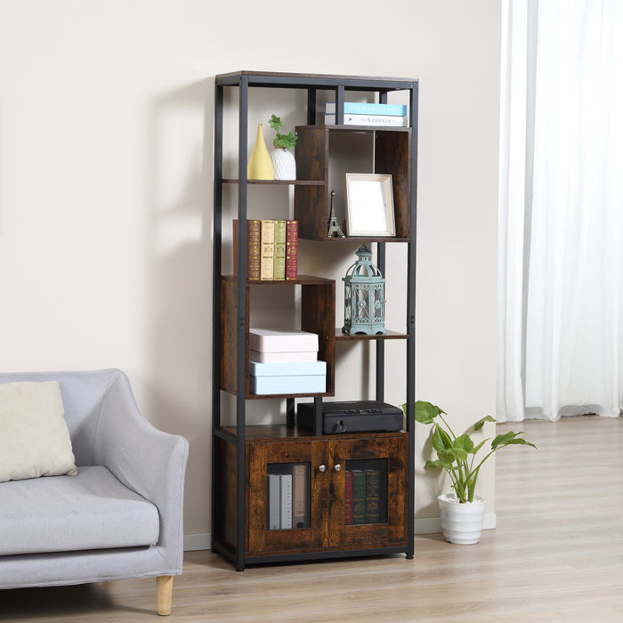 Libreria 8 Ripiani 2 Ante 70x30x180 cm in Legno Truciolare e Metallo Marrone