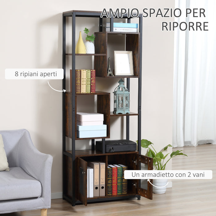 Libreria 8 Ripiani 2 Ante 70x30x180 cm in Legno Truciolare e Metallo Marrone