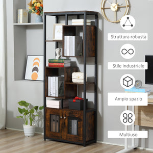 Libreria 8 Ripiani 2 Ante 70x30x180 cm in Legno Truciolare e Metallo Marrone