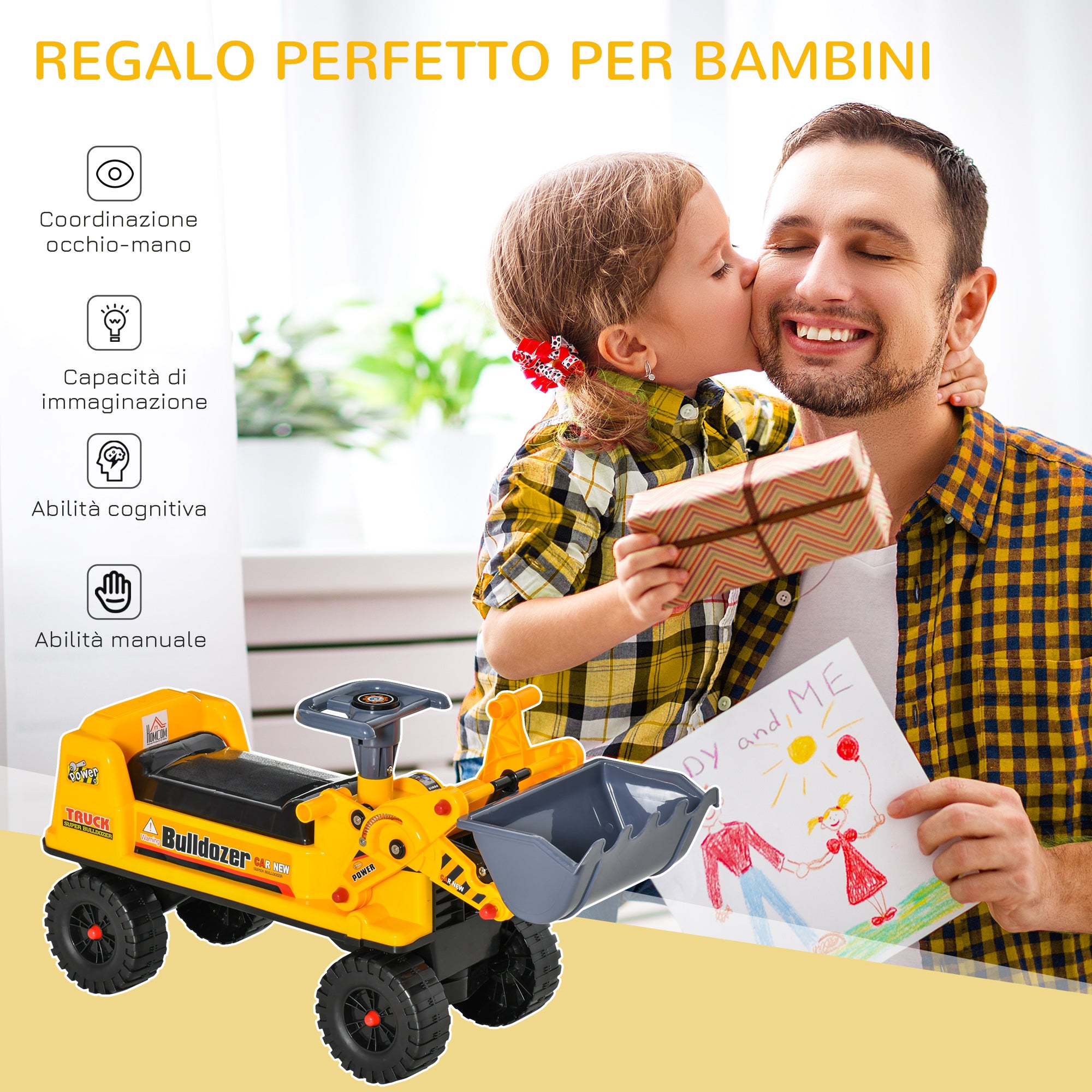 Escavatore Ruspa Cavalcabile 70x26x37 cm per Bambini Giallo