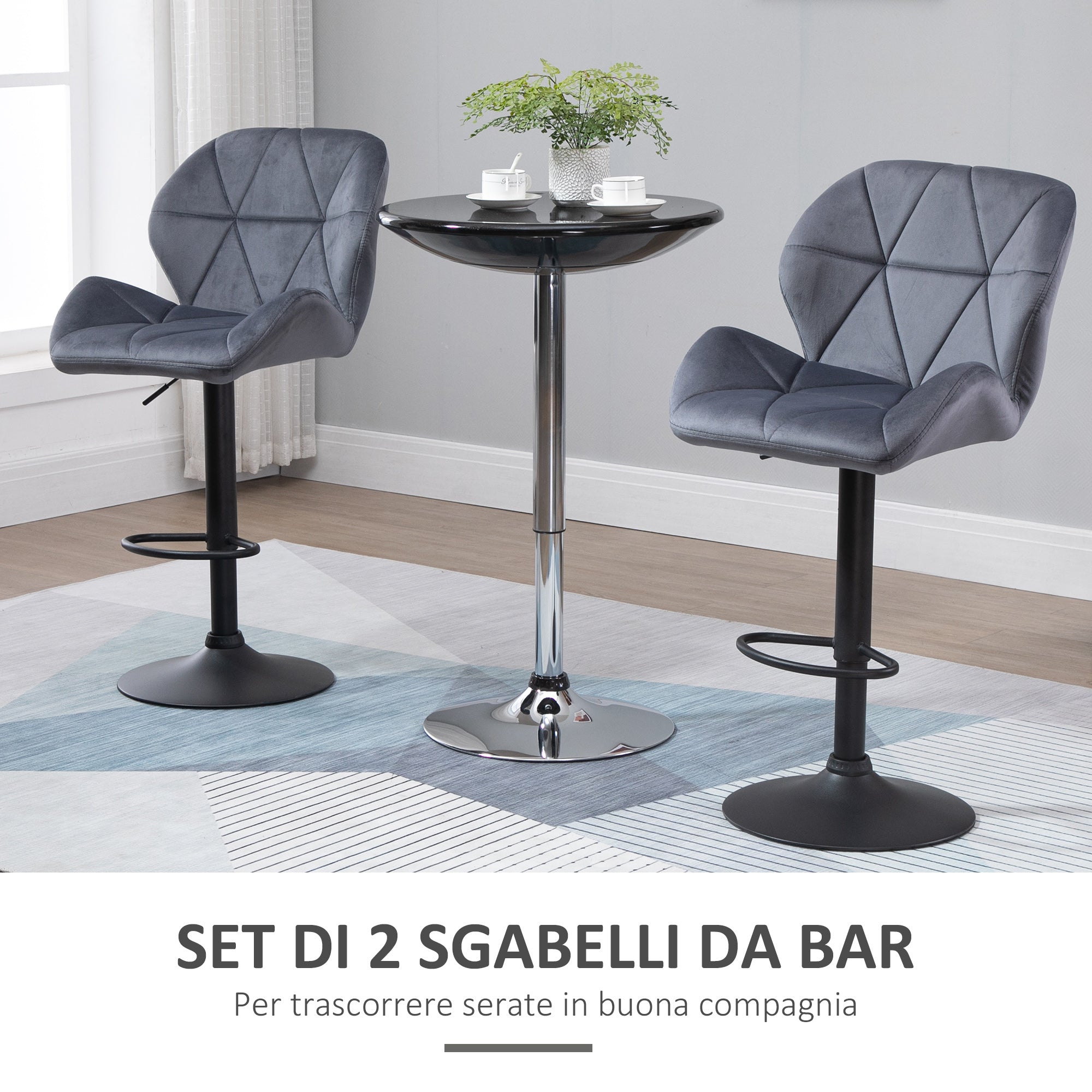 Set 2 Sgabelli da Bar 51,5x57,5x93-114,5 cm in Tessuto Effetto Velluto Grigio