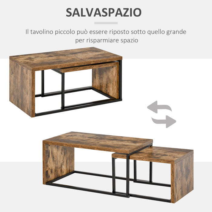 Set 2 Tavolini Bassi Impilabili in MDF e Metallo Marrone