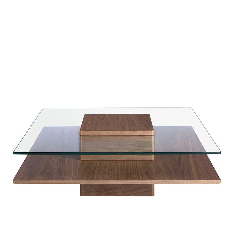 Tavolino quadrato in vetro temperato e legno di noce
