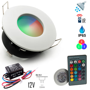 Faretto incasso IP65 Led cromoterapia box doccia bagno RGB 3W 12V alimentatore COLORE BIANCO