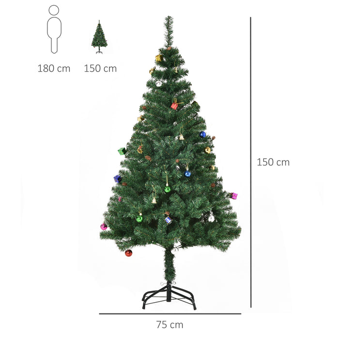 Albero di Natale Artificiale 150 cm con Palline e Decorazioni Verde