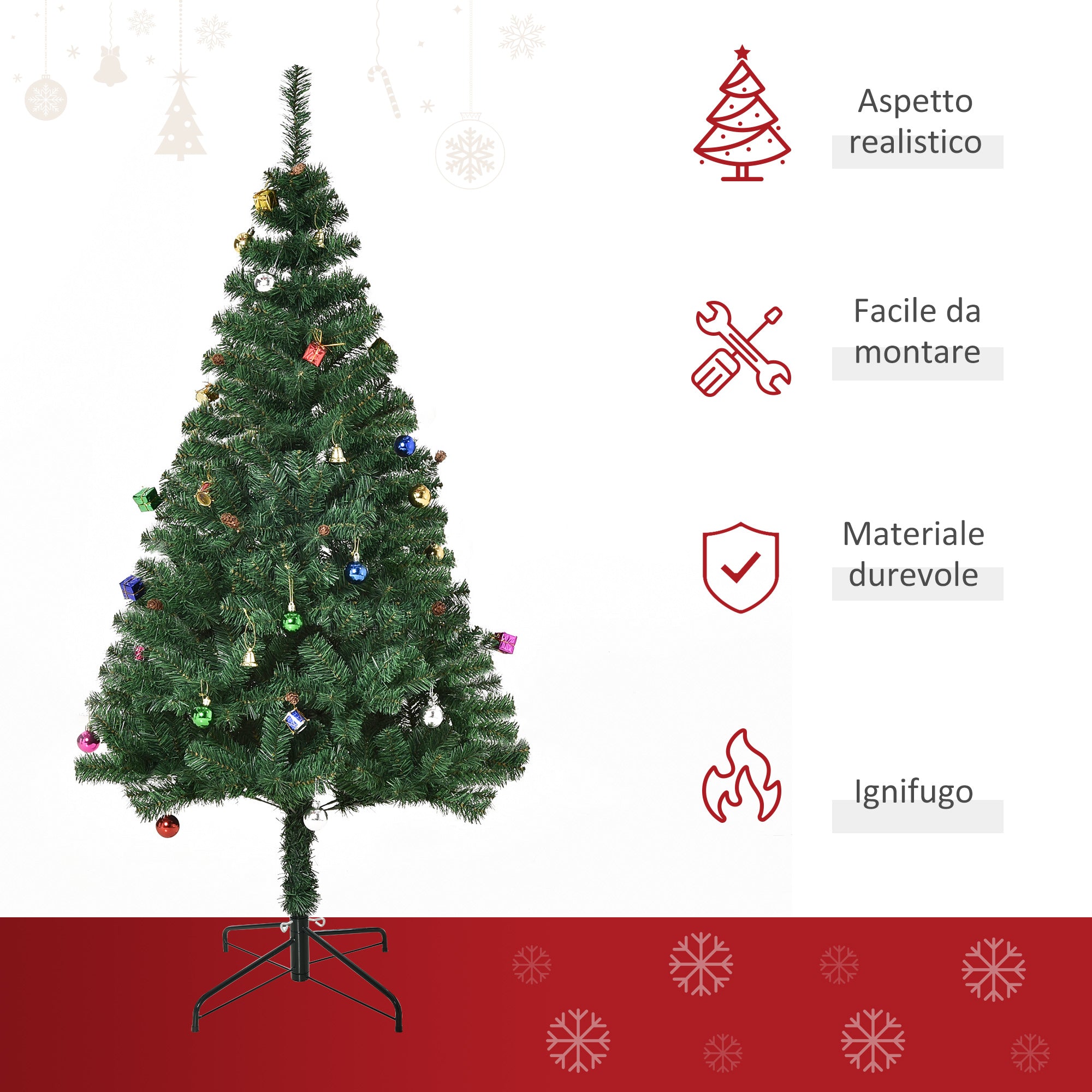 Albero di Natale Artificiale 150 cm con Palline e Decorazioni Verde