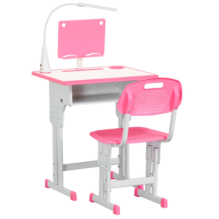 Banco Scuola con Sedia per Bambini con Lampada LED e Leggio Rosa