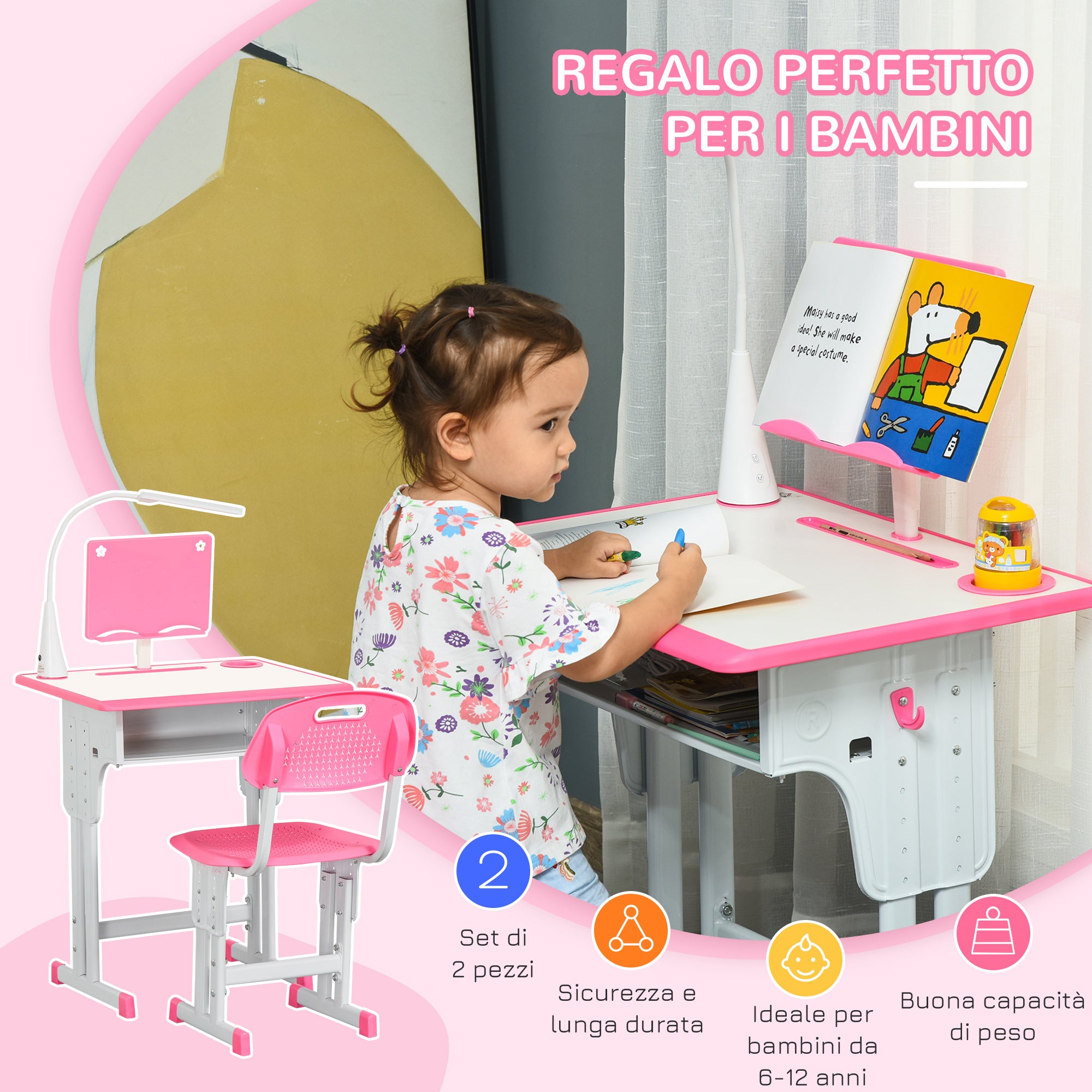 Banco Scuola con Sedia per Bambini con Lampada LED e Leggio Rosa