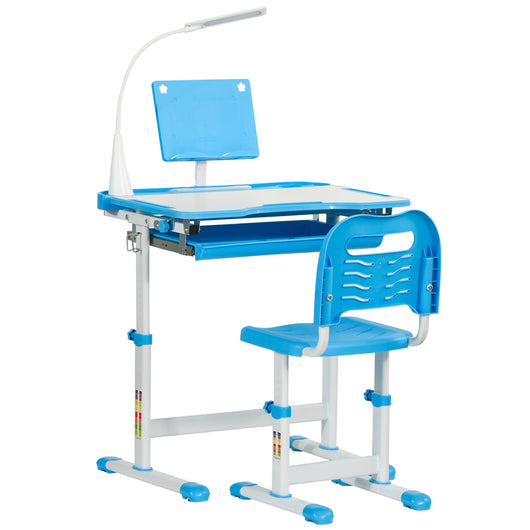 Banco Scuola con Sedia per Bambini con Lampada LED e Leggio Blu