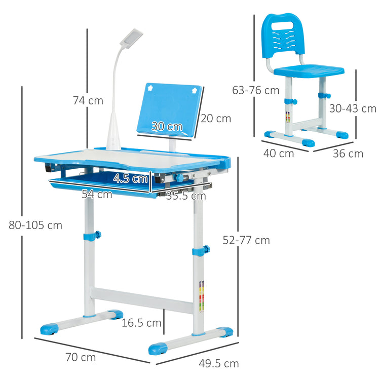 Banco Scuola con Sedia per Bambini con Lampada LED e Leggio Blu