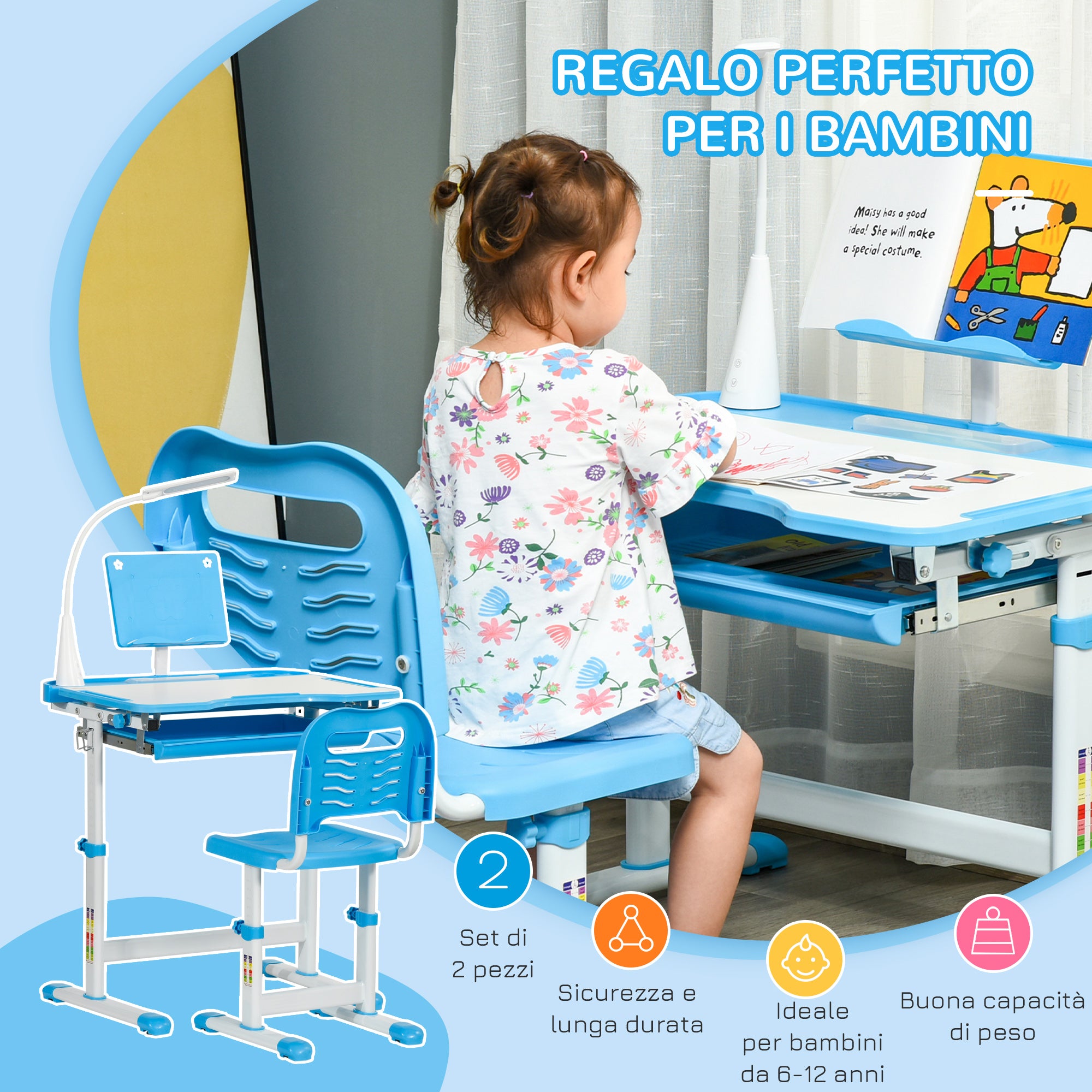 Banco Scuola con Sedia per Bambini con Lampada LED e Leggio Blu