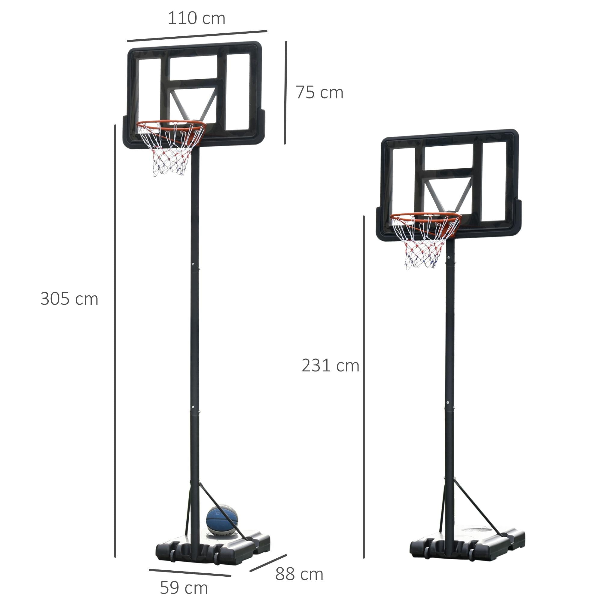 Canestro Basket da Esterno Altezza Regolabile 231-305 cm in Acciaio con Ruote Nero