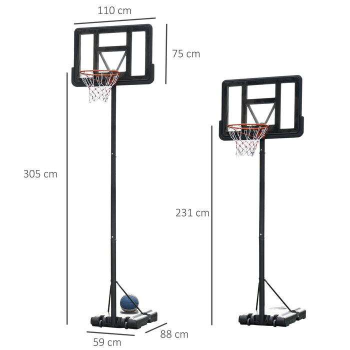 Canestro Basket da Esterno Altezza Regolabile 231-305 cm in Acciaio con Ruote Nero