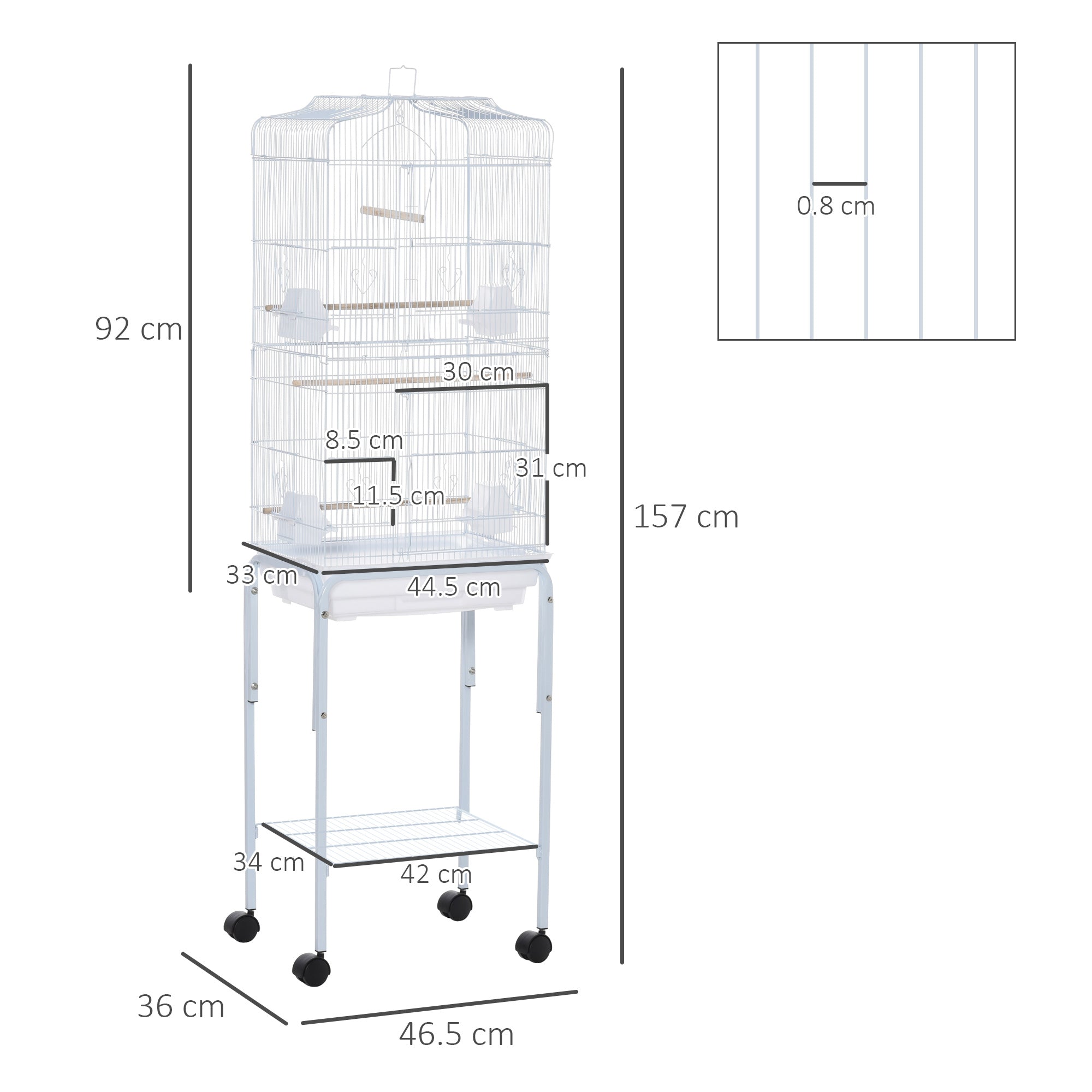 Voliera Gabbia per Uccelli 46,5x36x157 cm con Ruote in Metallo e Acciaio Bianco