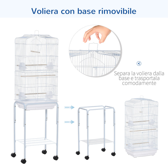 Voliera Gabbia per Uccelli 46,5x36x157 cm con Ruote in Metallo e Acciaio Bianco