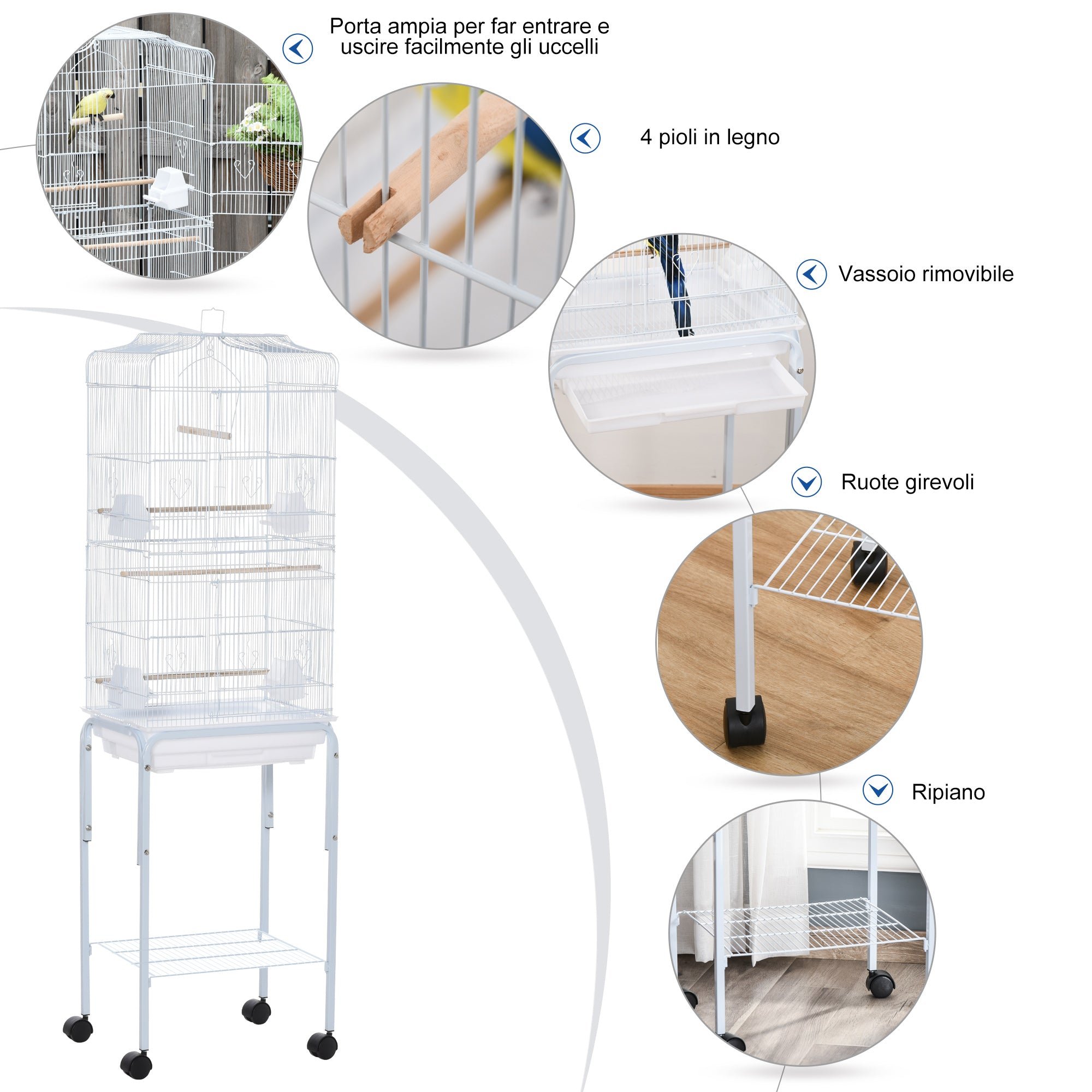 Voliera Gabbia per Uccelli 46,5x36x157 cm con Ruote in Metallo e Acciaio Bianco