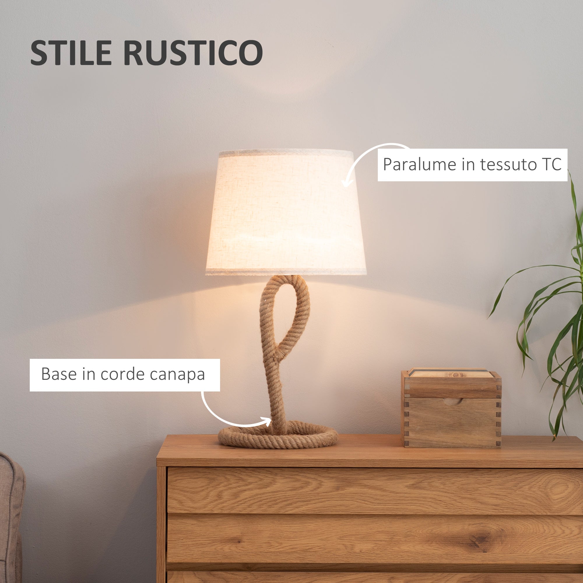 Lampada da Comodino Abat jour Ø30x56 cm in Corda e Tessuto Beige e Bianco