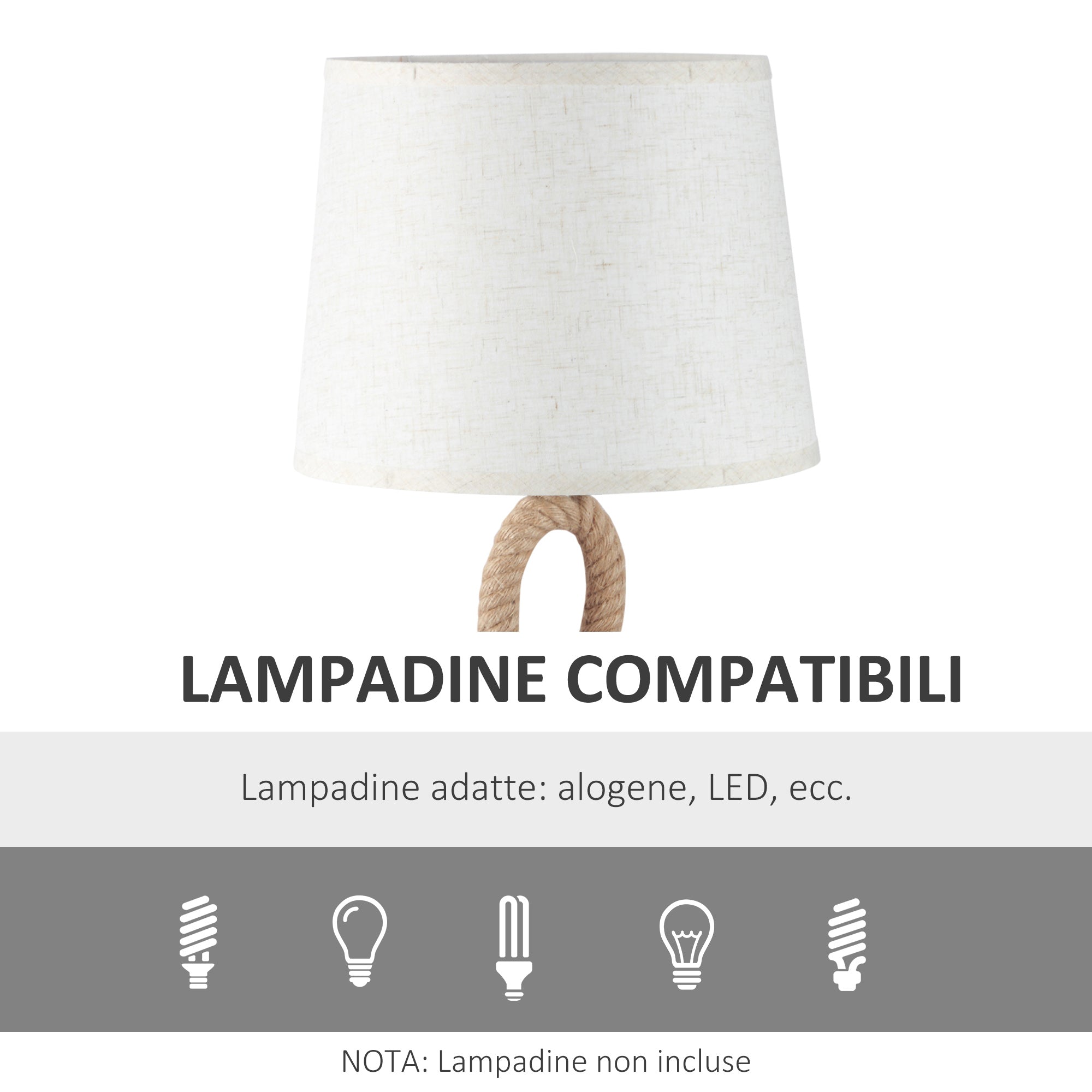 Lampada da Comodino Abat jour Ø30x56 cm in Corda e Tessuto Beige e Bianco