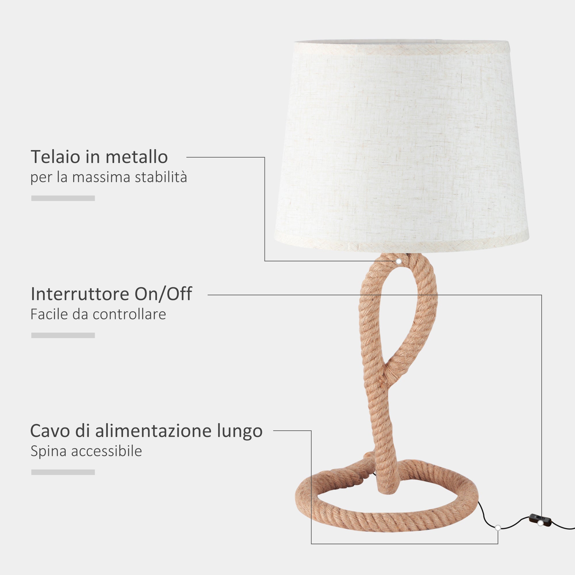 Lampada da Comodino Abat jour Ø30x56 cm in Corda e Tessuto Beige e Bianco